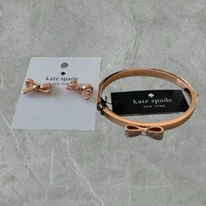 Kate Spade Rose Gold Bow Stud Earrings + Bow Bangle Bracelet Set NWT